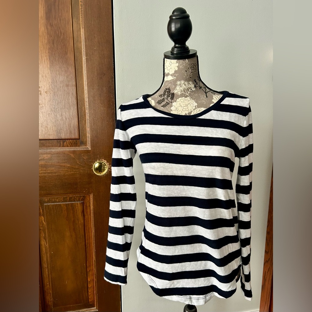 LOFT Navy and White Striped Long Sleeve Top